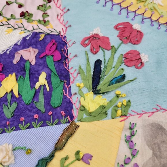 Handcrafted Crazy Quilt Panel Silk Ribbon Embroidery Appliqué Photos Flowers - Picture 4 of 6